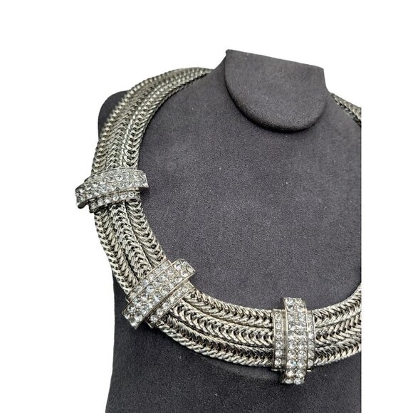 Silver Tone Mesh Collar Necklace Rhinestone Studded Woven 18" Chain - Picture 4 of 15